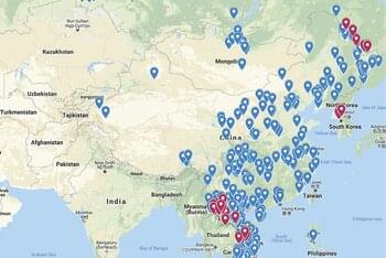 Mapy výskytu AMP v Číně, Mongolsku, Rusku, Kambodži, Laosu, Myanmaru, Severní Korei, Jižní Korei a Vietnamu dle hlášení OIE