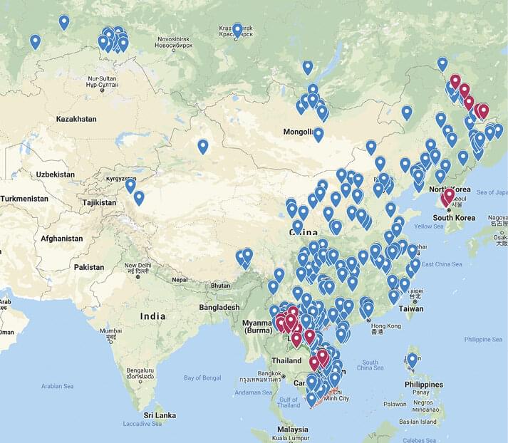 Mapy výskytu AMP v Číně, Mongolsku, Rusku, Kambodži, Laosu, Myanmaru, Severní Korei, Jižní Korei a Vietnamu dle hlášení OIE