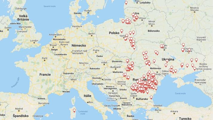 Mapa výskytu AMP u domácích prasat v Evropě v roce 2019 dle ADNS (k 6. 8. 2019).