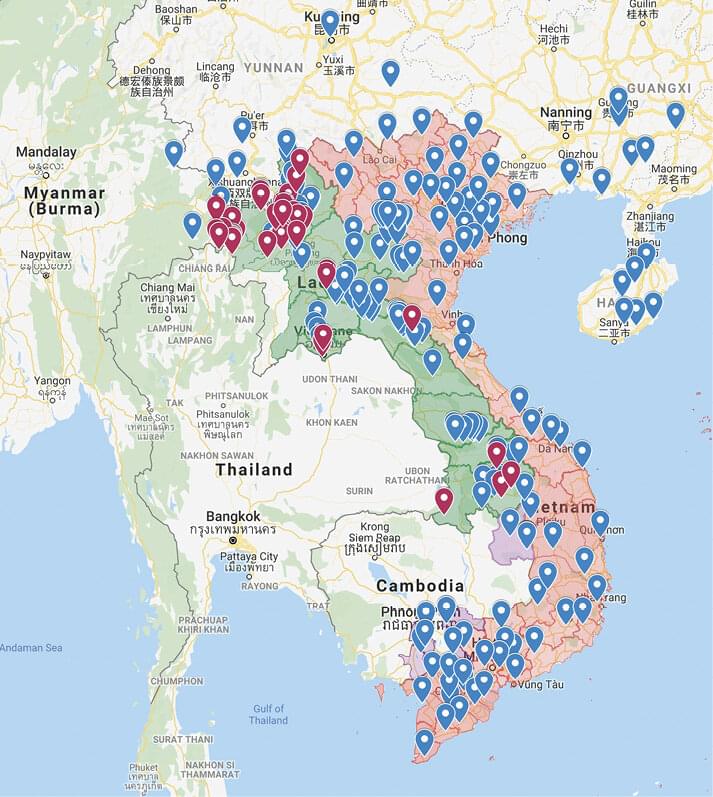 Mapy výskytu AMP v Číně, Mongolsku, Rusku, Kambodži, Laosu, Myanmaru, Severní Korei, Jižní Korei a Vietnamu dle hlášení OIE